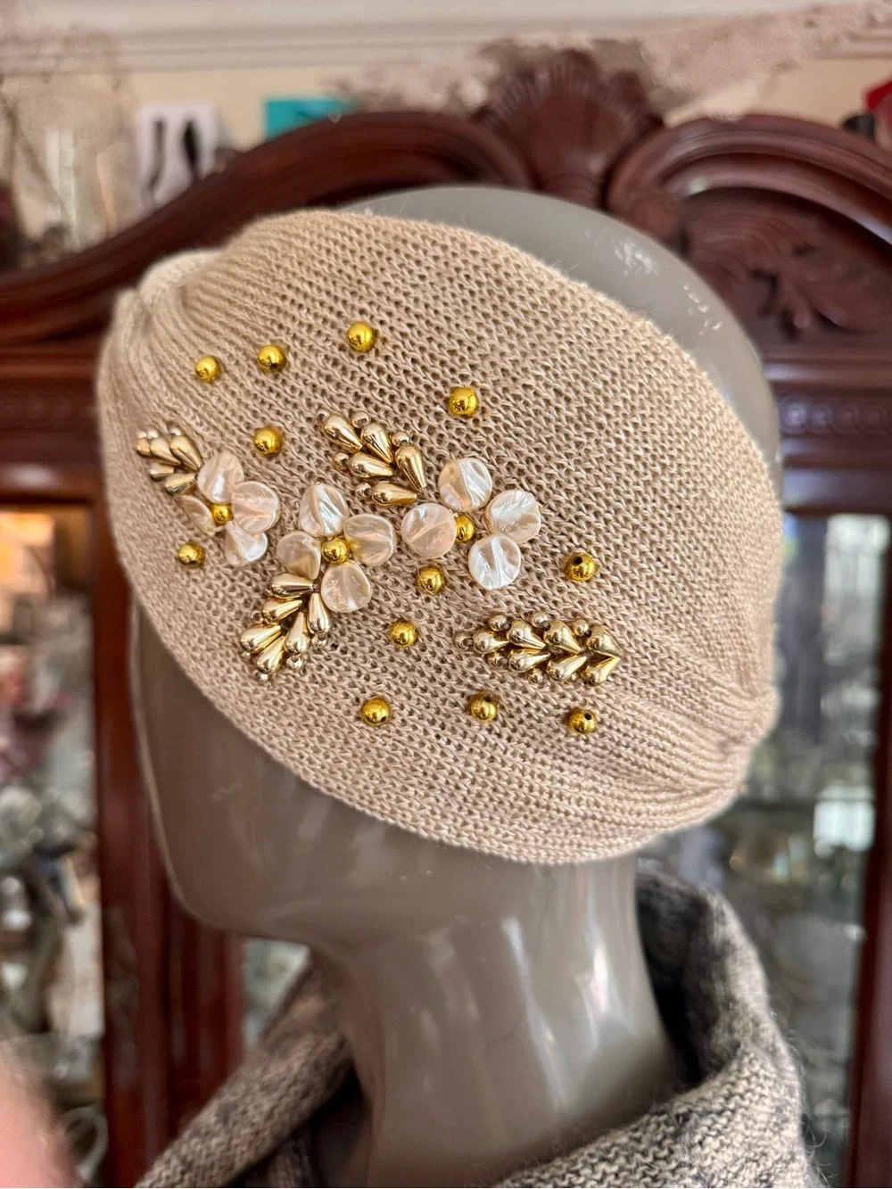 Anthropologie Beaded Knit Turban Headband Ear Warmer - Beige & Gold Boho